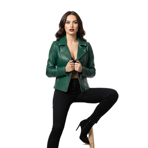 Chaqueta de Motociclista de Cuero Verde Más Vendida, Chaqueta de Moda para Mujer, Estilo Motero, Precio de Fábrica al por Mayor Personalizado - Product Image 1