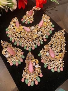 <b>Women</b> Flower Shaped Jewellery Navratna Gold Plated Kundan Imitation Designer Necklace <b>Set</b> - Product Image 4