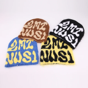 Custom Jacquard Logo Winter Beanie High-End Imitation Mink Fur Velvet <b>Fluffy</b> Knit Mohair with Hand Embroidery Warm and Fuzzy - Product Image 1