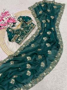 Sari en satin Fendy classique pour mariage indien, tenue de fête, avec blouse exclusive, vente de vêtements ethniques pour mariage indien - Product Image 2