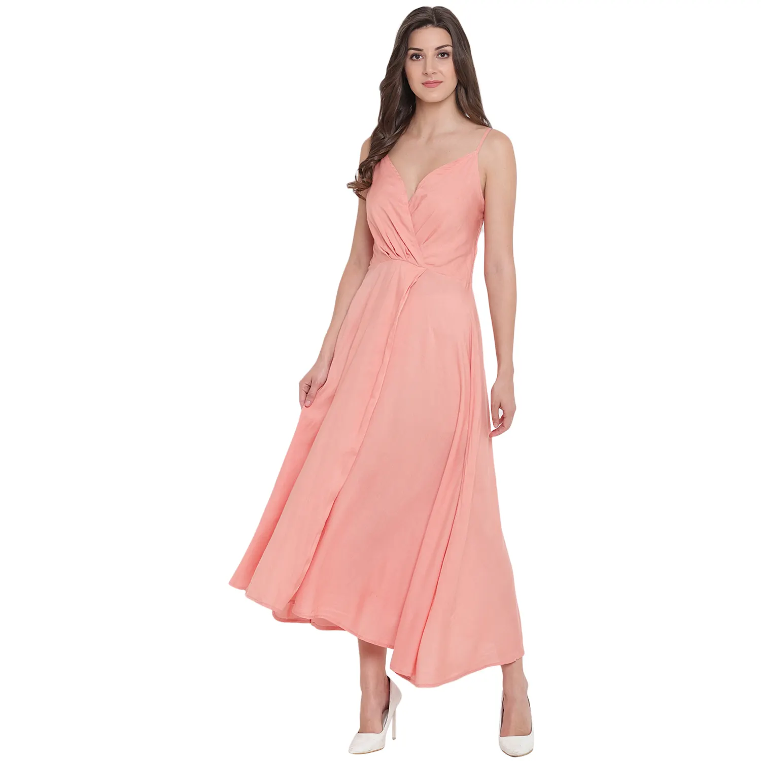 Women's Fit and Flare Solid Rayon Peach Front Open Smoked Gown with Sleeveless Shoulder Straps (AM097)
