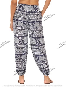 กางเกงของผู้หญิงแนวโบฮีเมียนผ้าเรยอนใส่สบายทรงหลวมเลกกิ้งทรงตรงสไตล์ฮาเร็มตกแต่งด้วยยางยืดสำหรับฤดูร้อนฟรีไซส์ - Product Image 4