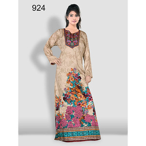 AISHWARY CREATION Moroccan Style Pure Mustard Cotton Breathable Printed <b>Kaftan</b> Women's Embroidered Maxi Dress Beachwear Cover-up - Product Image 1