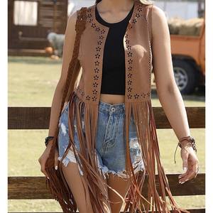 แจ็กเก็ตมีพู่สีล้วนของผู้หญิงแจ็กเก็ตของเด็กผู้ชายวัวเปิดด้านหน้าแต่งขอบด้วยหมุด - Product Image 1