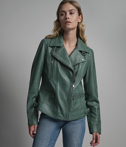 Chaqueta de Cuero de Oveja Verde Salvia para Mujer, Chaqueta de Piloto con Cierre Asimétrico, Forro de Algodón Cortavientos, Cuello Mao, Ropa de Abrigo de Invierno - Product Image 2
