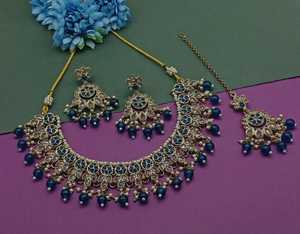 New Design Fancy Gold Plated Traditional Motipearl &<b>Drop</b> Kundan Studded Choker <b>Necklace</b> Earring Mangtika Set&Jewellery Set Woman - Product Image 1