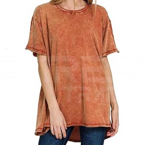 Camisetas de mujer de lavado ácido de alta calidad 2024, camiseta informal para mujer con hombros caídos, venta al por mayor, nuevo diseño de manga corta - Product Image 3
