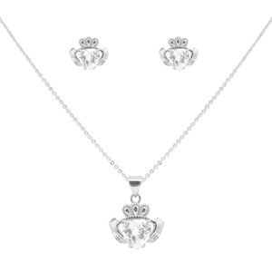 Cubic Zirconia Claddagh Necklace <b>Set</b> 925 Silver Gold Plated Women's <b>Fine</b> <b>Jewelry</b> Wedding Classic Heart Cut Bezel Setting - Product Image 1