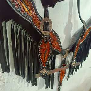Genuine <b>Leather</b> Western <b>Tooled</b> Headstall & Breast Collar Set With Crystal Stud <b>Work</b> Supplier Manufacturer Saman Exports - Product Image 6