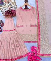 Atasan Sharara Viscose Rayon dengan Bordir, Pakaian Pesta India Desainer, Setelan Salwar