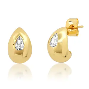 Fashion Jewelry Trend Earrings 2024 Women 18k Gold Plated Wholesale Embedded CZ Stone Chunky Tear Shaped Huggie Earrings