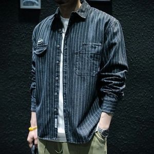 Chemise à manches longues à rayures en denim du printemps pour hommes Veste ample décontractée Veste style moto - Product Image 4