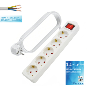 Regleta alargadora de 5 enchufes con interruptor, 16A/250V 3680W, 1,5/3/5m de longitud, color blanco, Don Feliz - Product Image 1