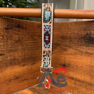 New Luxury Genuine Leather Tangle-free <b>Padded</b> Handle Traffic Lead Retractable Hand Tooled Beaded Dog Leashes with Anti-Slip Hook - Product Image 1