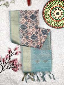 Sari en coton lin doux à la mode et très demandé avec imprimé floral et bordure contrastée tissée et travail de zari fantaisie - Product Image 6