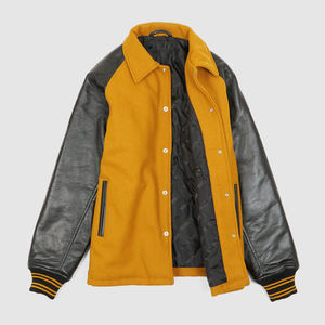 Veste de style universitaire pour homme, jaune moutarde et noire, manches en cuir, doublure matelassée, col rabattu, streetwear urbain tendance - Product Image 2