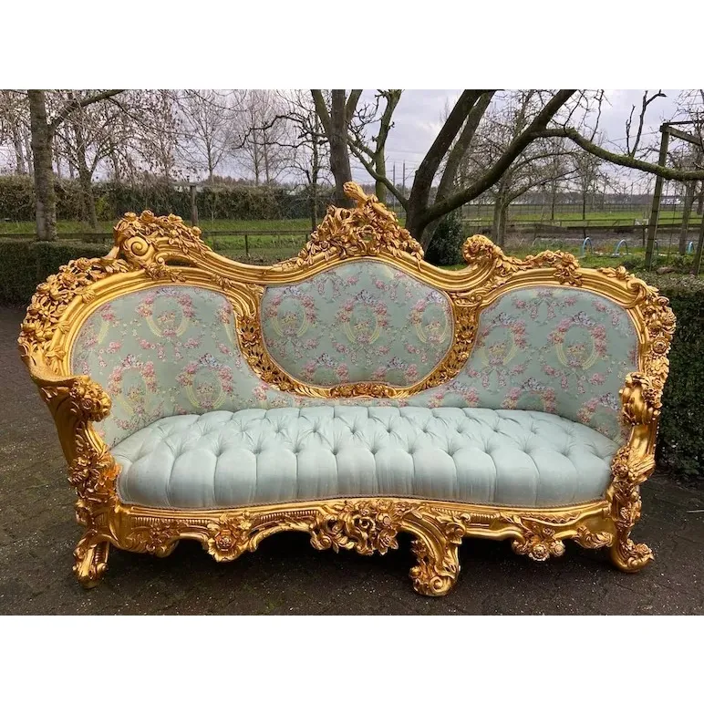 Floral Green Damask and Gold Rococo Settee antique Handmade manufacture from Jepara Indonesia Furniture Craftmanship