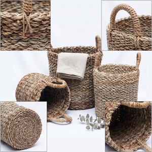 Ensemble de paniers de rangement en écorce de bananier naturelle, tressage diagonal épais, poignée en arche, pot cylindrique, décoration artistique pure pour la maison - Product Image 2