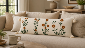 Housse de coussin lombaire en coton brodé à la main avec pompons aux coins, motif floral botanique orange rouille, pour canapé - Product Image 3