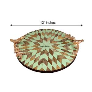 Modern Design Wooden Round Tray with Gold Metal Handles Solid Wood Patchwork Serving Tray for Home & Kitchen Gifting - Product Image 2