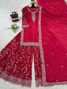 Heavy Fancy Design Women Set Chinon Hilo de seda con bordado de secuencia Top de trabajo y Palazzo Dupatta Bordado Secuencia DE TRABAJO - Product Image 2