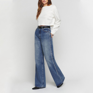 Pantalones vaqueros rectos delgados Vintage para mujer, pantalones holgados OEM, tachuelas de cristal, logotipo de cintura media, gran oferta, fabricante de mezclilla con tachuelas - Product Image 5