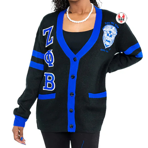New Wholesaler Custom Logo Oversize Z Phi B Sorority <b>Royal</b> <b>Blue</b> Cable Knit Letterman Cotton Acrylic Sweater <b>Women</b> Long <b>Cardigan</b> - Product Image 4