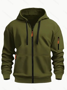 2025 hommes sweat à capuche zippé poche kangourou couleur unie manteau automne hiver Style sport décontracté doublé polaire Anti-boulochage - Product Image 4