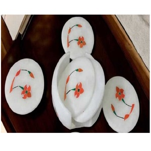 ANURAG HANDICRAFT Ensemble de sous-verres en marbre blanc faits à la main avec incrustation florale, support moderne assorti, décoration de table, cadeau de mariage - Product Image 1