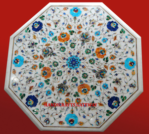 Belle forme octogonale et dessus de table basse en incrustation de marbre blanc fait à la main avec poli pour le dessus de table à thé en marbre incrusté de fête - Product Image 1