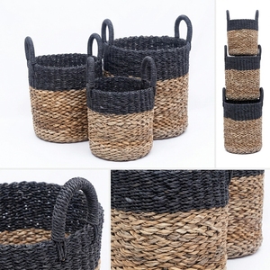 Natural Banana Bark Recycled <b>Plastic</b> <b>Basket</b> Set Two Tone Black Dipped Rim Arch Handle Cylinder Pot Planter Pure Art Setup Room - Product Image 2