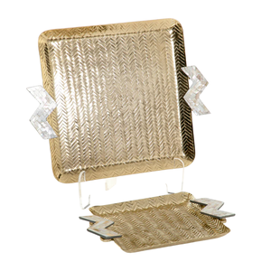 Plateau de service carré en acier inoxydable doré classique avec poignée en nacre Design floral fait à la main Meilleure vente pour la restauration - Product Image 1