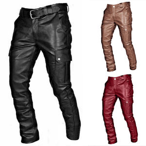 Pantalones de cuero con logotipo personalizado de alta calidad marrón 100% de cuero genuino de retazos de cintura alta transpirables para hombre - Product Image 4