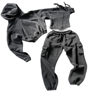 Custom 3 Pieces Breathable Winter Cargo <b>Pant</b> Set Cotton French Terry Zip Blank Acid Wash Distressed Hoodie Sweatsuits Stacked - Product Image 1