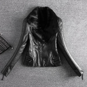 Veste en cuir épais automne hiver pour femmes avec col en fourrure véritable lapin Rex mince à la mode respirant Plus vêtements d'extérieur - Product Image 3