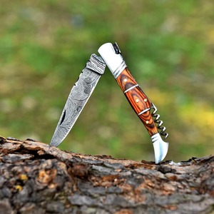 Gran oferta, cuchillo de bolsillo plegable de acero de Damasco hecho a mano personalizado, mango de madera de cuero, hermosos cuchillos para acampar al aire libre, soporte OEM - Product Image 5