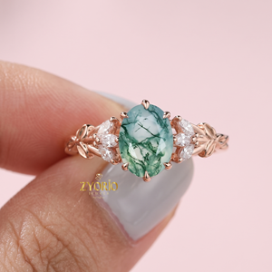 Anillo de Compromiso de Plata de Ley 925 con Ágata Musgosa, Anillo Ovalado con Hoja de Ágata Musgosa, Anillo de Promesa Inspirado en la Naturaleza para Mujer - Product Image 4