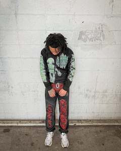 Puff Print 100% Cotton Fleece Tracksuits Flared Pant and Zip up <b>Hoodie</b> 2 Piece Tracksuit Set Men's Street Style Staked Pant Suit - Product Image 5