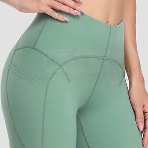 Leggings de Yoga de Cintura Alta y Largo Completo, Color Verde Sólido, Spandex y Nailon, Pantalones Elásticos con Bolsillos, Diseño con Costuras en Contraste - Product Image 6