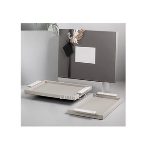 Plateau de service à café thé en bois et cuir avec poignées en marbre forme rectangulaire taille personnalisée plateau de service alimentaire - Product Image 1