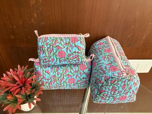 <b>Set</b> of 3 Indian Cotton Floral Print Toiletry Bags Quilted Wash Bag Shaving Kit Vanity Case <b>Travel</b> and Makeup Pouches - Product Image 2