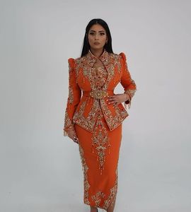 Broderie à la main sur veste de couleur orange, karakou avec robe de piste rouge avec perles de verre cristal embellies, pierre, dabka work @ 2024 - Product Image 3