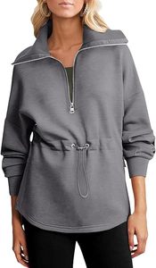 Sweats surdimensionnés pour femmes demi fermeture éclair cordon taille manches longues fentes latérales pull décontracté sweat hauts - Product Image 2