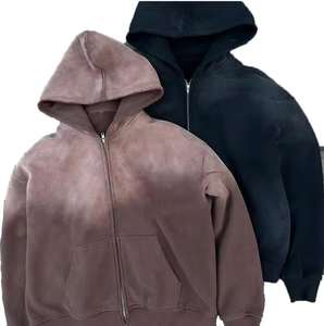 Sweat-shirt streetwear personnalisé sans cordon en molleton uni à fermeture éclair vintage double couche délavé à l'acide délavé au soleil pour hommes - Product Image 6