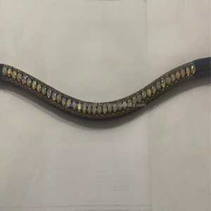 Bandeau de sourcils de cheval en cuir noir avec 3 rangées de cristaux de verre dorés argentés, strass bling-bling, vente en gros - Product Image 5