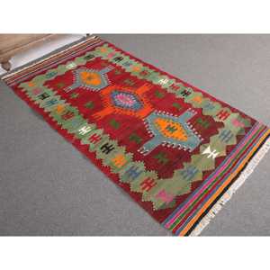 Kilim Vintage Rug, 3.5x6.46 ft Turkish Rug, <b>Red</b> Floral <b>Wool</b> Rug - Product Image 1