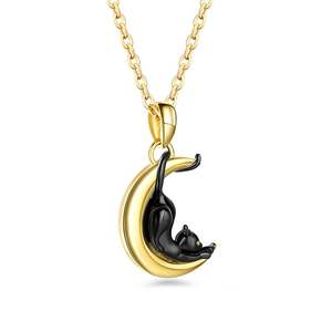Jeulia Sterling Silver <b>Black</b> <b>Cat</b> Crescent Moon Necklace with Zircon - Product Image 2