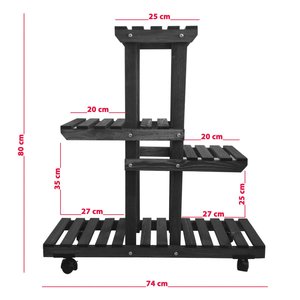Supporto per piante in legno (pino) colore nero 4 livelli, ruote chiudibili a chiave + Mini Set da giardino + candela profumata con perline 50 cc