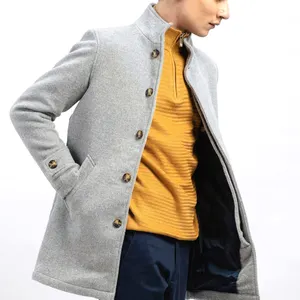 New Fashion Men Autumn Winter Europe stand Collar Plaid Button Casual Overcoat Medium Length Woolen Coat