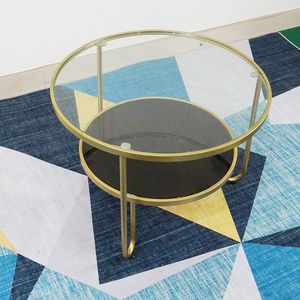 SFBT010-Modern 2-Tier Round <b>Sofa</b> <b>Table</b> with Tempered Glass Top and Brass Frame - Product Image 2